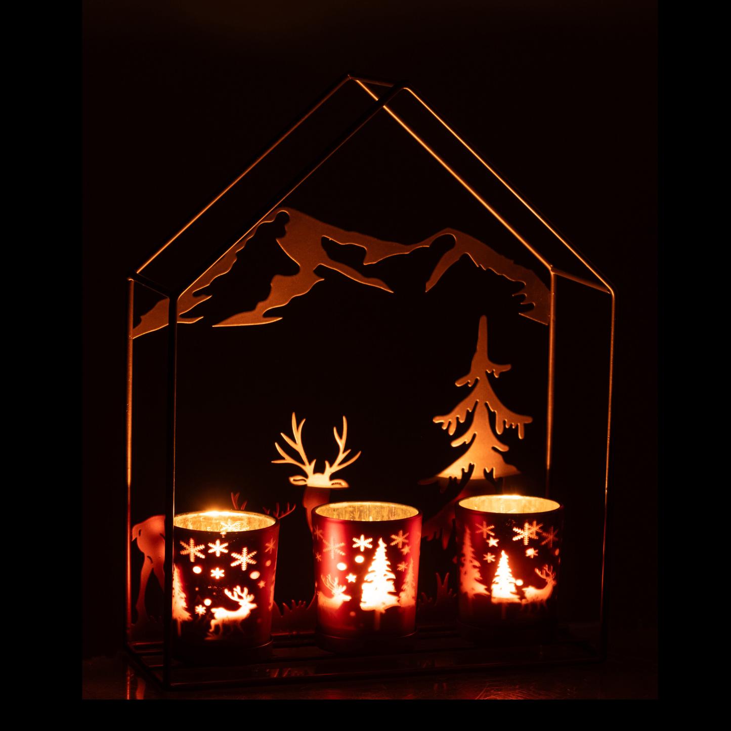 Porta T-Light a Forma di Casa in Ferro con Bicchieri in Vetro 23x8,5 H. 29 cm J-Line by Jolipa