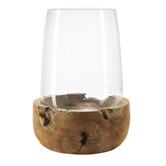 Lanterna Terra in Vetro con Base in Legno Teak H. 45 D. 32 cm Leonardo