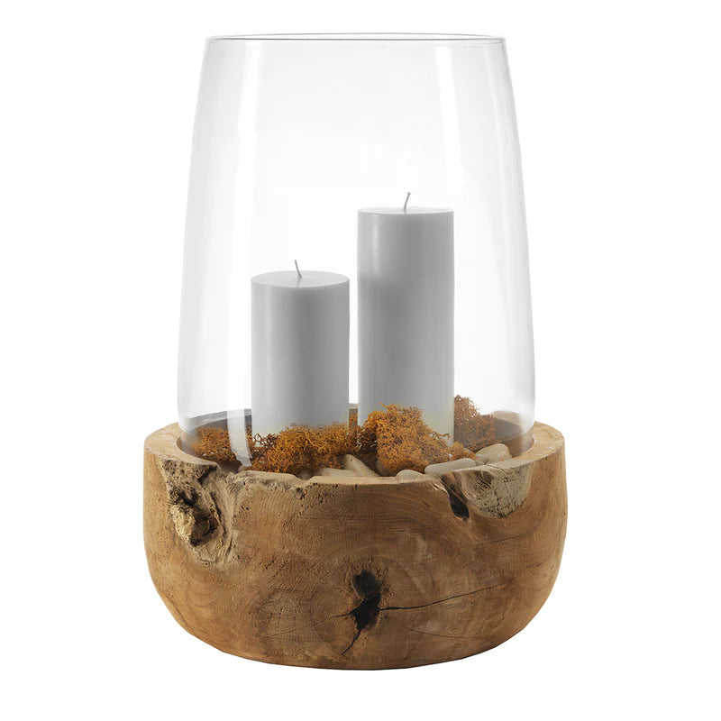 Lanterna Terra in Vetro con Base in Legno Teak H. 45 D. 32 cm Leonardo