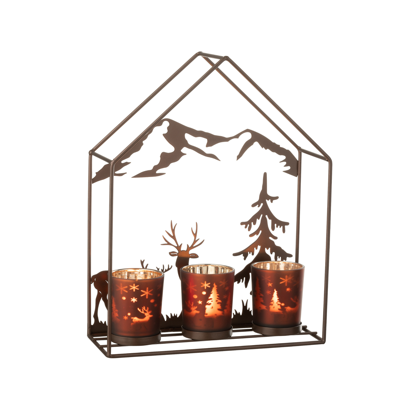 Porta T-Light a Forma di Casa in Ferro con Bicchieri in Vetro 23x8,5 H. 29 cm J-Line by Jolipa