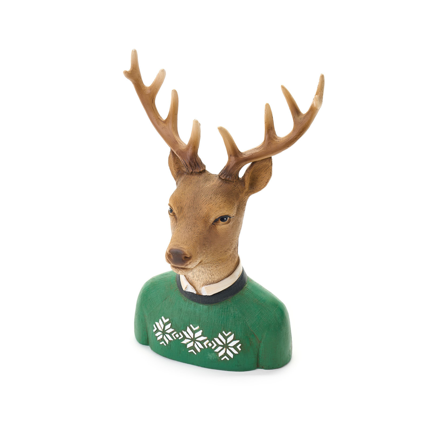 Decoro Renna con Maglione Verde Bosco Incantato in Resina H. 23,5 cm Nuvole di Stoffa