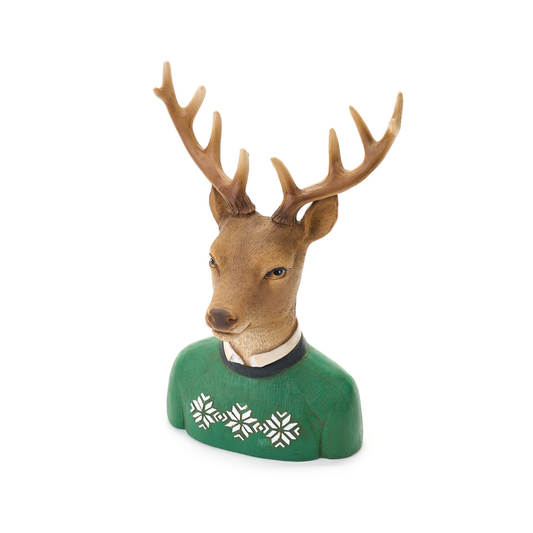 Decoro Renna con Maglione Verde Bosco Incantato in Resina H. 23,5 cm Nuvole di Stoffa