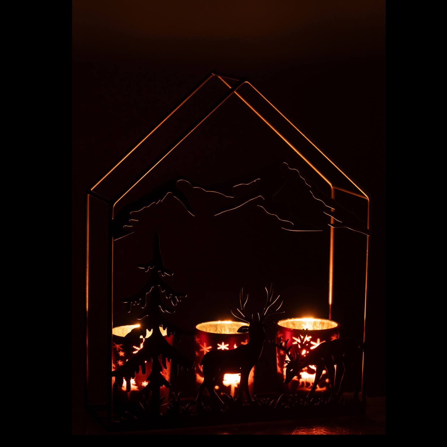 Porta T-Light a Forma di Casa in Ferro con Bicchieri in Vetro 23x8,5 H. 29 cm J-Line by Jolipa