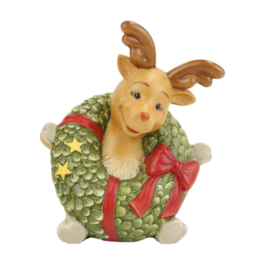 Figurina Renna Rudolph con Corona Natalizia in Porcellana H. 12 cm Goebel