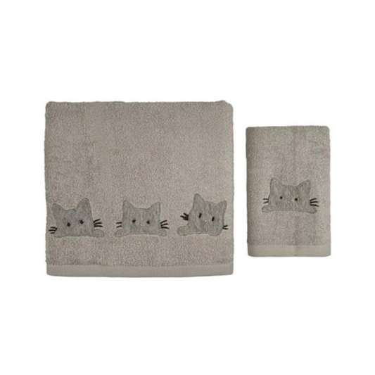 Coppia Spugne Tortora Ricamo Gatto 40x60+60x110 · Blanc Mariclò