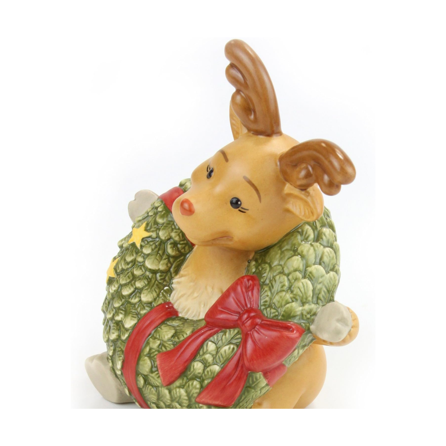 Figurina Renna Rudolph con Corona Natalizia in Porcellana H. 12 cm Goebel