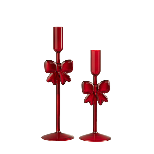 Set 2 Candelieri in Vetro Rosso Scuro con Fiocco H. 27,5 e 23 cm J-Line by Jolipa