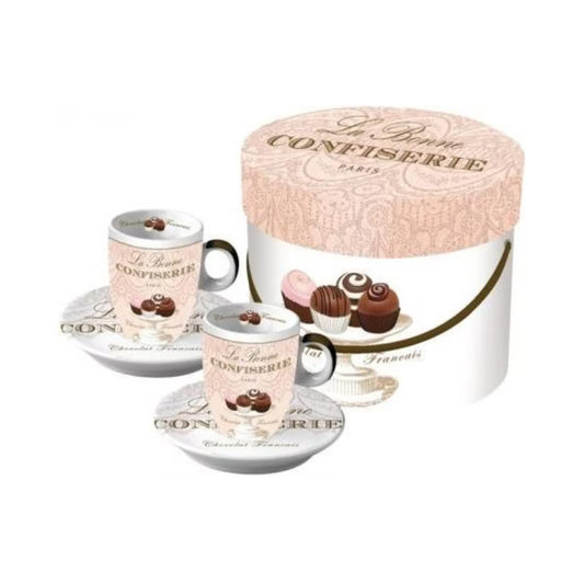 Set 2 Tazzine da Espresso con Piattini La Bonne Confiserie in Porcellana PPD