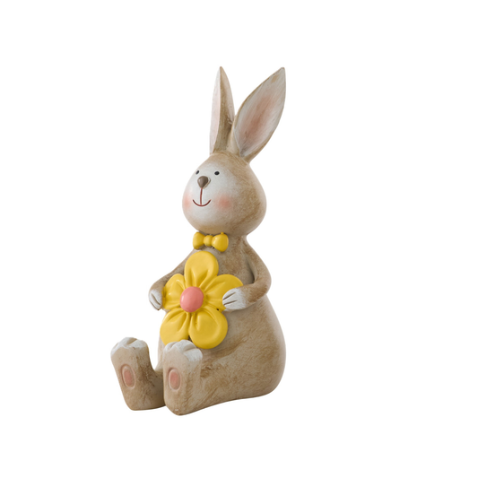 Coniglio Seduto con Fiore e Papillon Giallo in Poliresina H. 15 cm J-Line by Jolipa