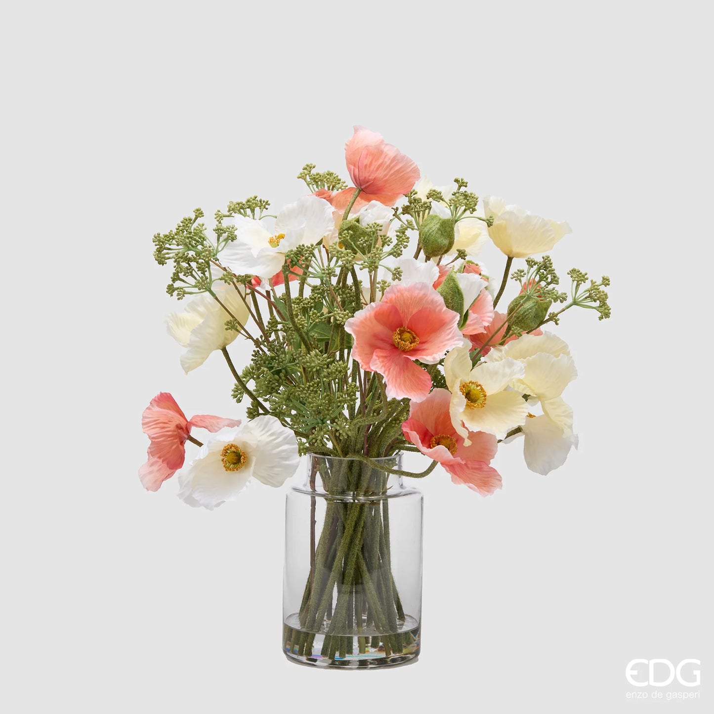 Composizione Papaveri con Foglie e Vaso in Vetro con Acqua Magica H. 53 cm EDG Enzo De Gasperi