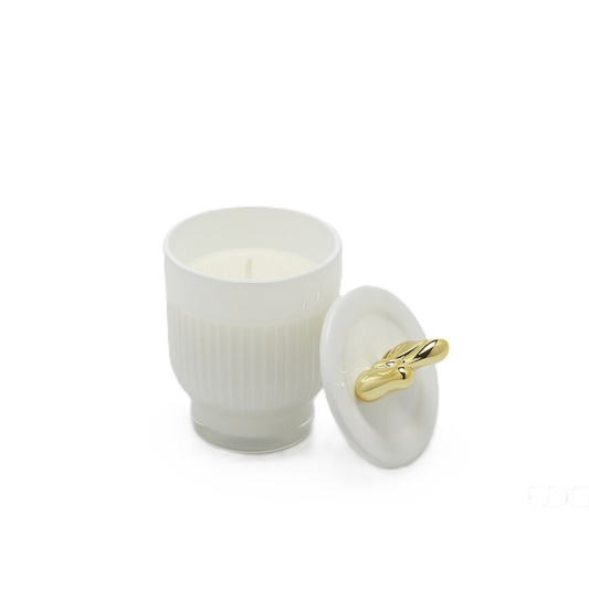 Candela di Natale Vaso a Righe Bianco con Fiocco Dorato · Frangipani · EDG Enzo De Gasperi