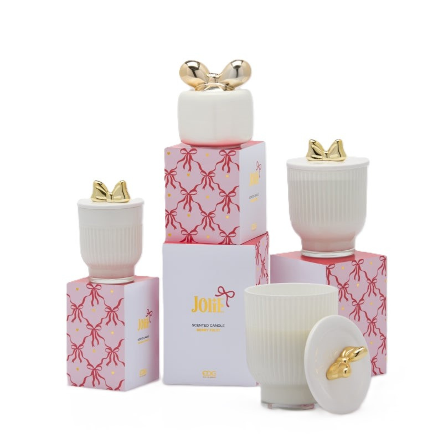 Candela di Natale Vaso a Righe Bianco con Fiocco Dorato · Frangipani · EDG Enzo De Gasperi