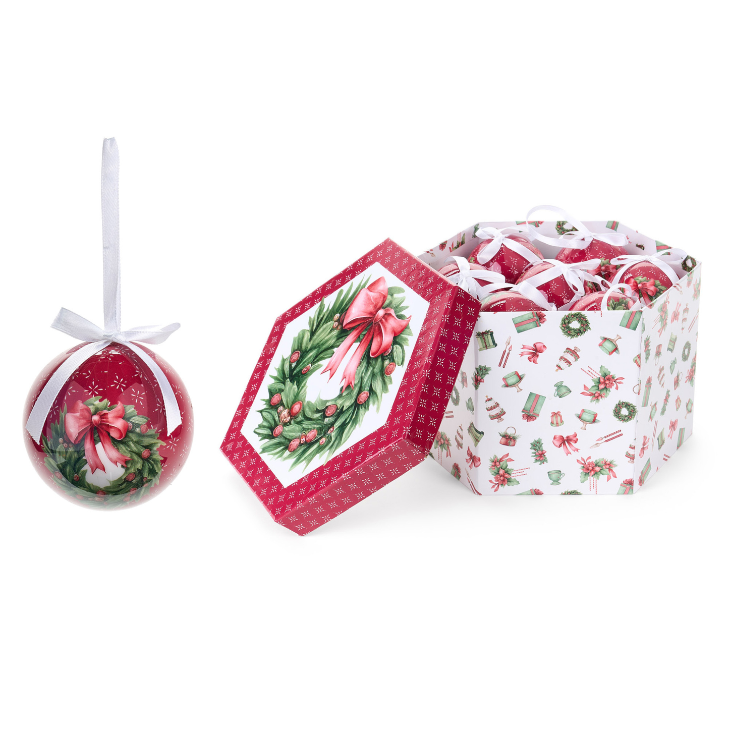 Set 14 Palline Decorative Storia di Natale in Scatola Esagonale D. 7,5 cm Nuvole di Stoffa