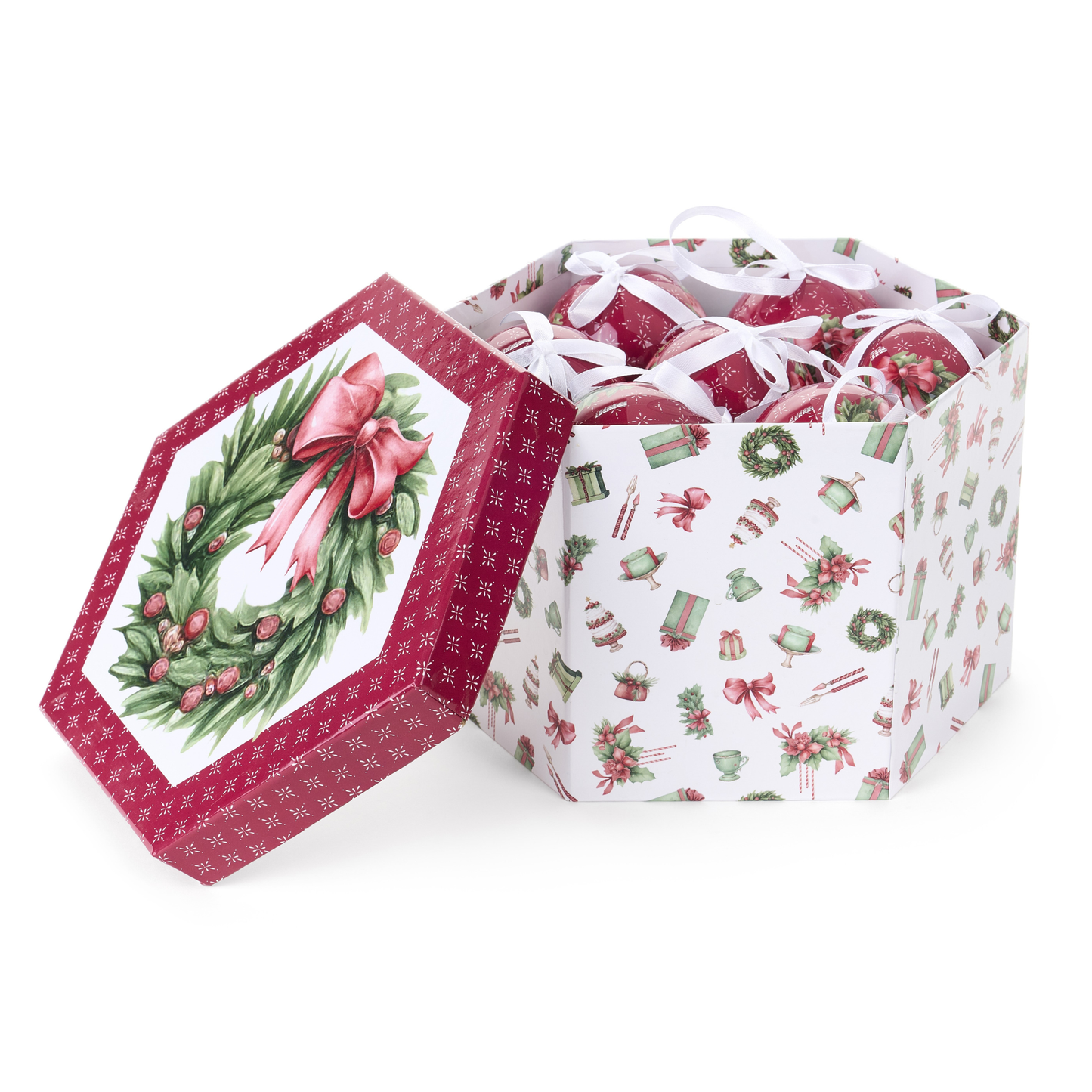 Set 14 Palline Decorative Storia di Natale in Scatola Esagonale D. 7,5 cm Nuvole di Stoffa