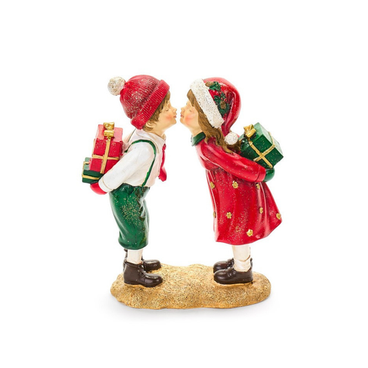 Decoro Bambini Natalizi che si Baciano in Resina H. 18 cm Nuvole di Stoffa