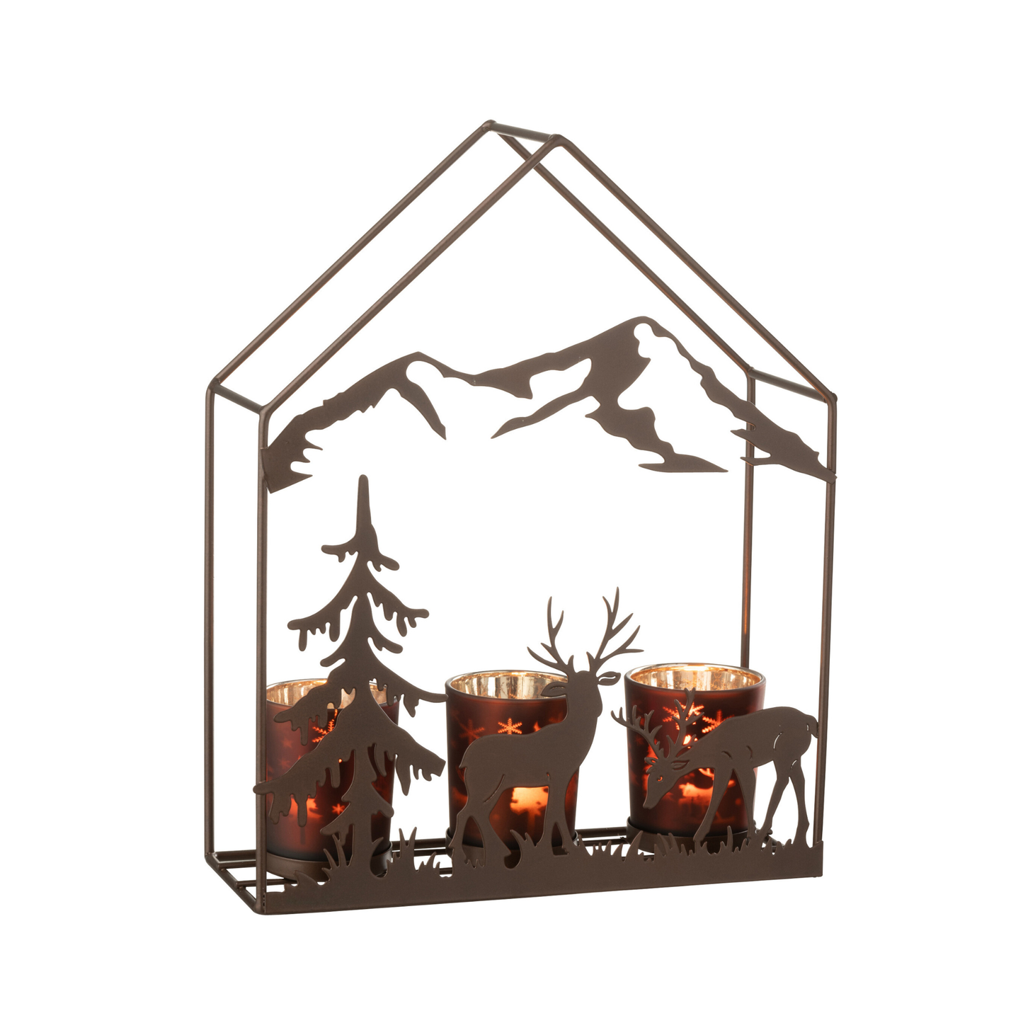 Porta T-Light a Forma di Casa in Ferro con Bicchieri in Vetro 23x8,5 H. 29 cm J-Line by Jolipa
