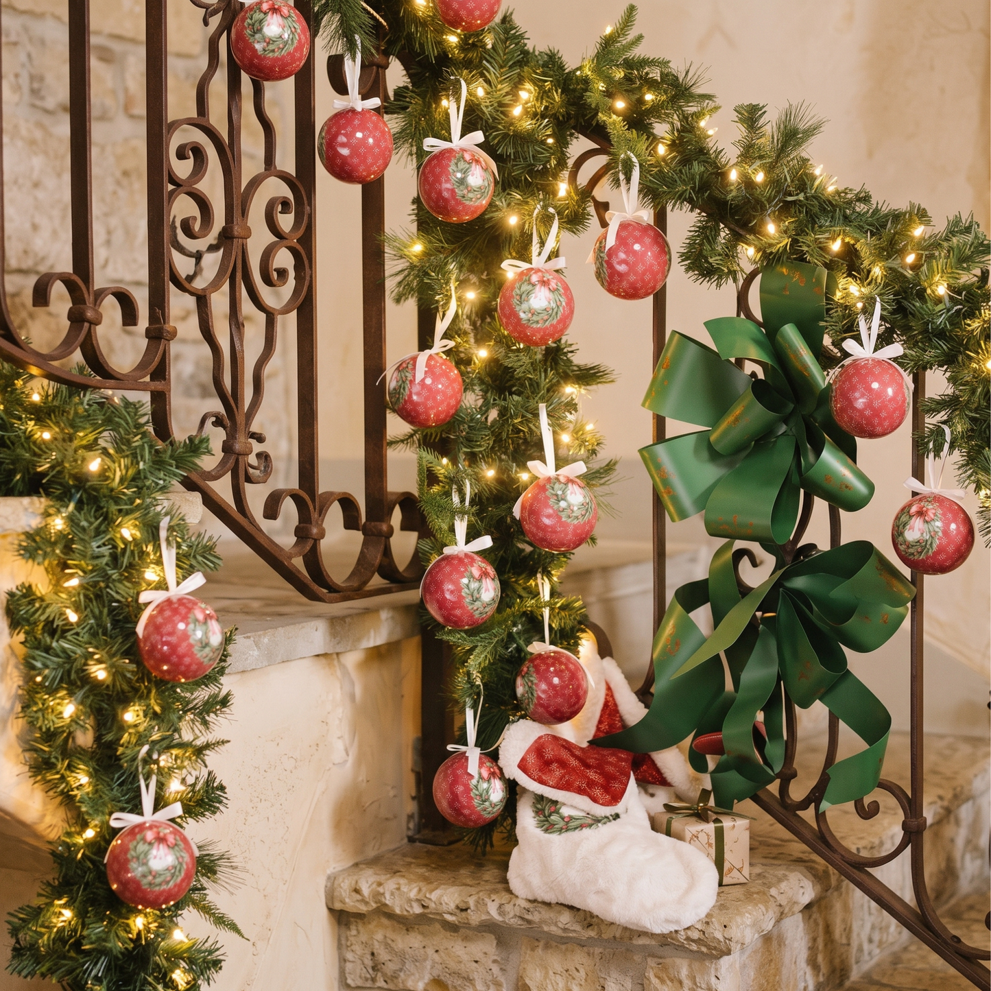 Set 14 Palline Decorative Storia di Natale in Scatola Esagonale D. 7,5 cm Nuvole di Stoffa