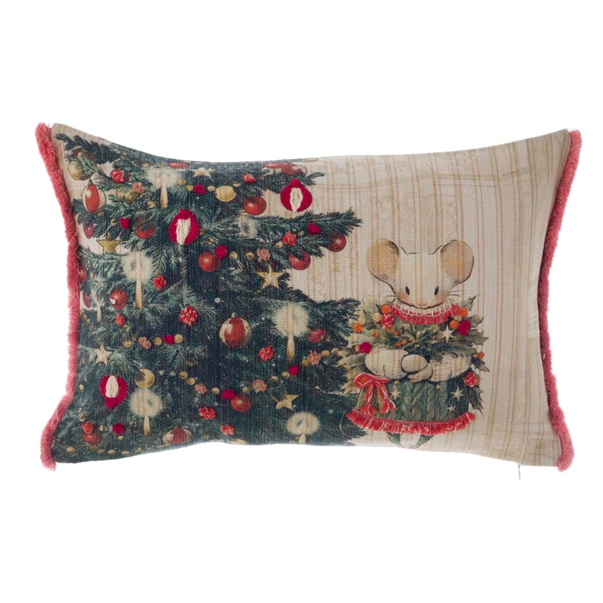 Cuscino Rettangolare con Ricamo Topolina e Pacco Regalo Favola di Natale 35×50 cm Blanc Mariclò