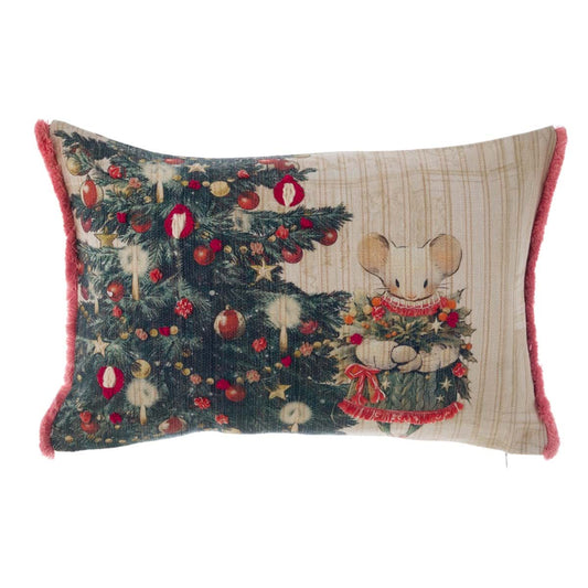 Cuscino Rettangolare con Ricamo Topolina e Pacco Regalo Favola di Natale 35×50 cm Blanc Mariclò