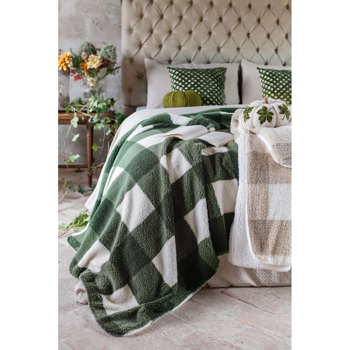 Plaid Sherpa a Quadri Verde Country Chic 140×170 cm Blanc Mariclò