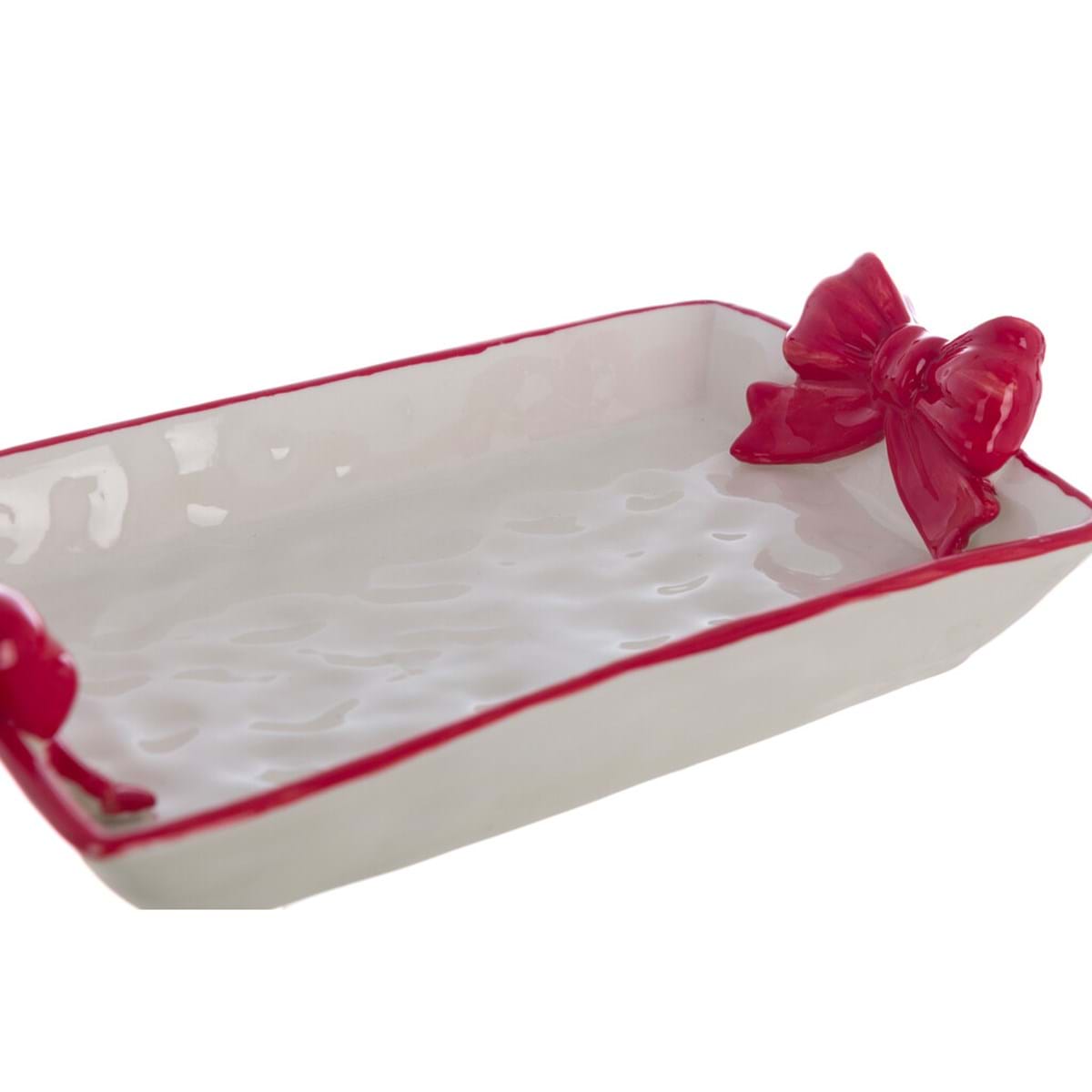 Vassoio in Ceramica Candy Cane con Fiocchi Rossi Blanc Mariclò