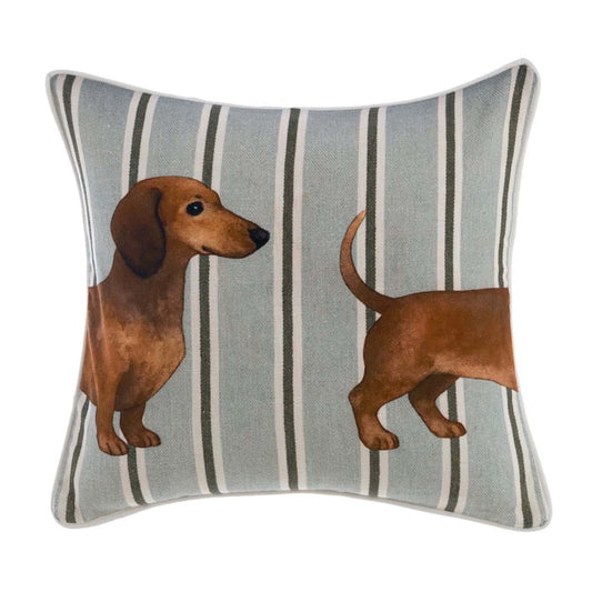 Cuscino Quadrato "Lovely Pets" con Bassotto a Righe Azzurre e Marroni in Cotone 45x45 cm Blanc Mariclò