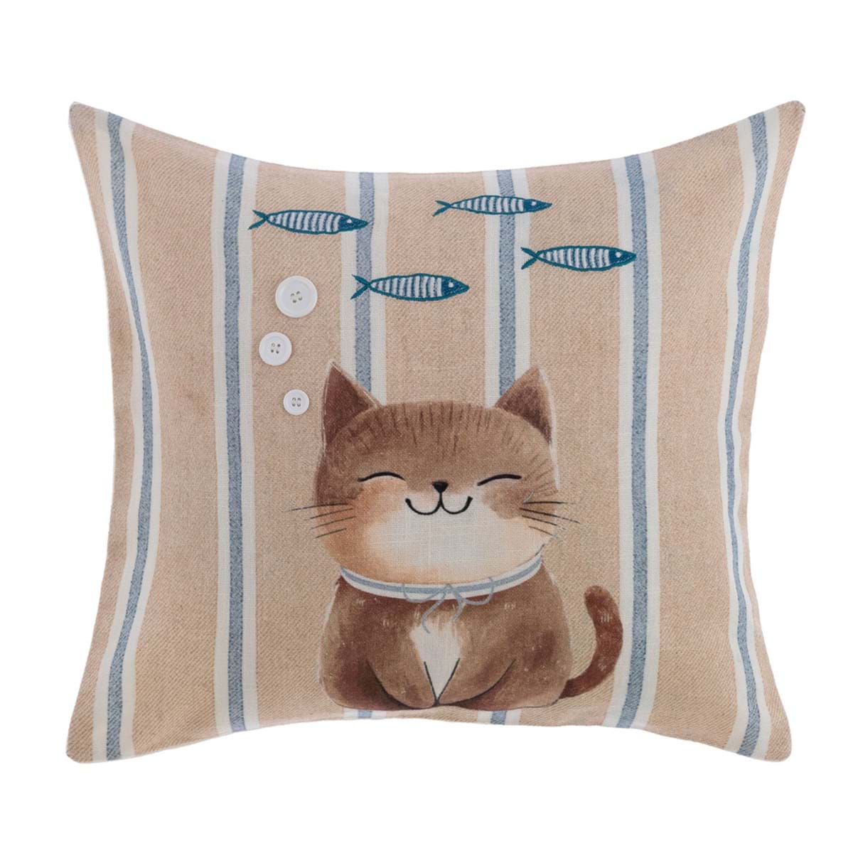 Cuscino Quadrato "Lovely Pets" con Gattino e Pesciolini a Righe Beige e Azzurre in Cotone 45x45 cm Blanc Mariclò