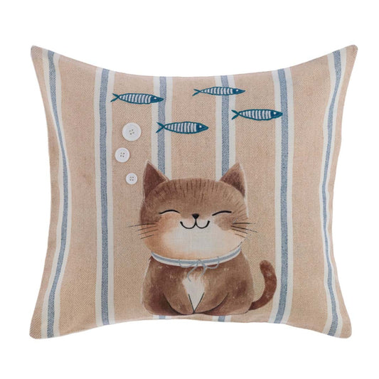 Cuscino Quadrato "Lovely Pets" con Gattino e Pesciolini a Righe Beige e Azzurre in Cotone 45x45 cm Blanc Mariclò
