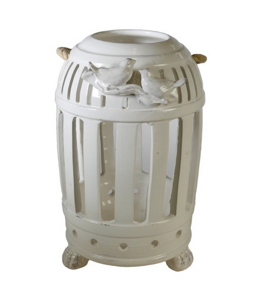 Lanterna in Ceramica Bianca con Uccellini Fatta a Mano h. 40 cm - Virginia Casa