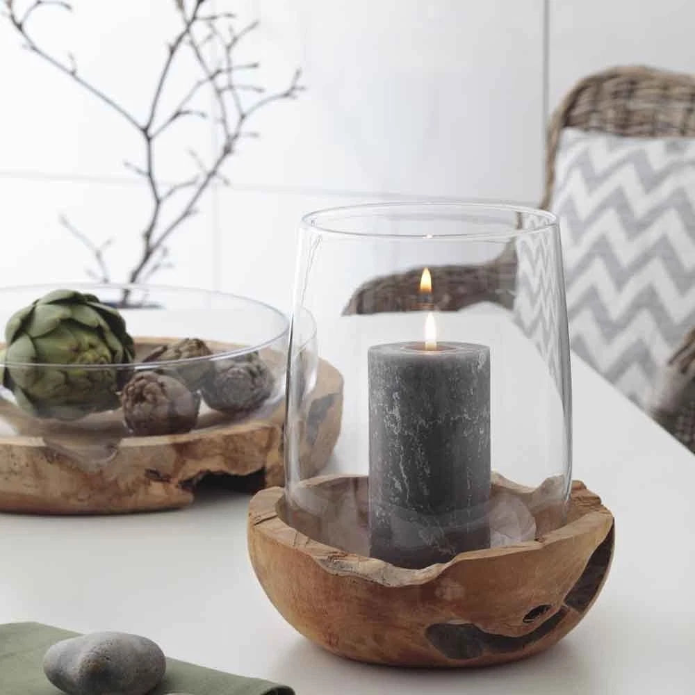 Lanterna Terra in Vetro con Base in Legno Teak H. 45 D. 32 cm Leonardo