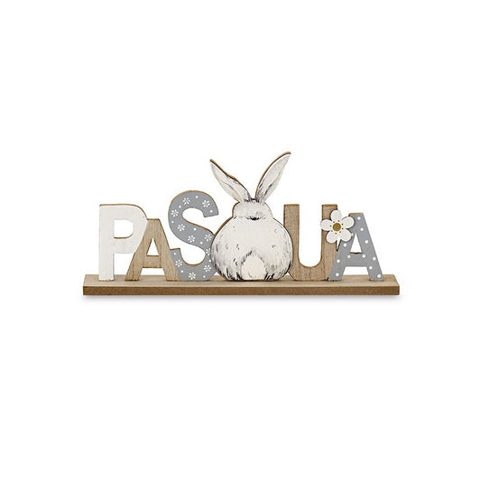 Decoro Scritta PASQUA con Coniglietto in Legno 32x14,5 cm Nuvole di Stoffa